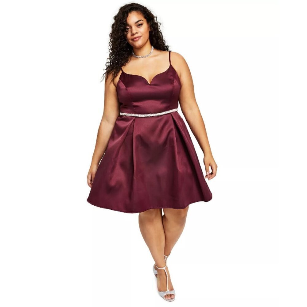 B DARLIN Trendy Plus Size V-Neck A-Line Formal Knee Length Burgundy Dress NWT